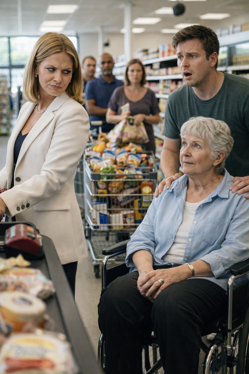 An entitled woman with a full cart cut in front of my mom’s wheelchair at the supermarket — what came over the intercom made her freeze.